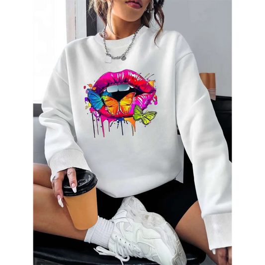 White Butterfly Lips Graphic Crew Neck Sweatshirt