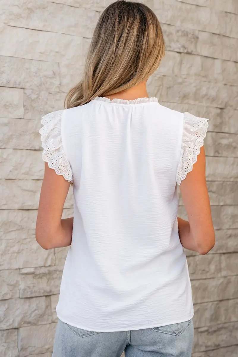 Pants Love Salve White Embroidered Blouse Women's Daily Textured Top: Ruffle Trim, Summer