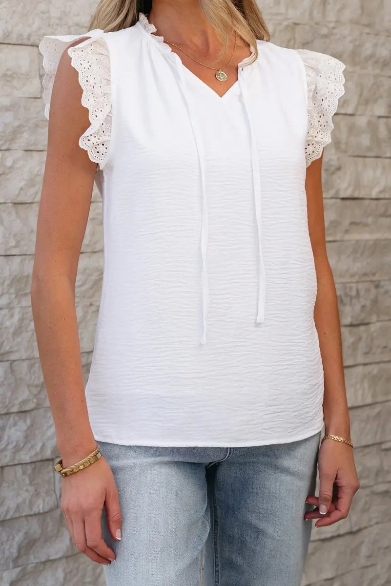 Pants Love Salve White Embroidered Blouse Women's Daily Textured Top: Ruffle Trim, Summer