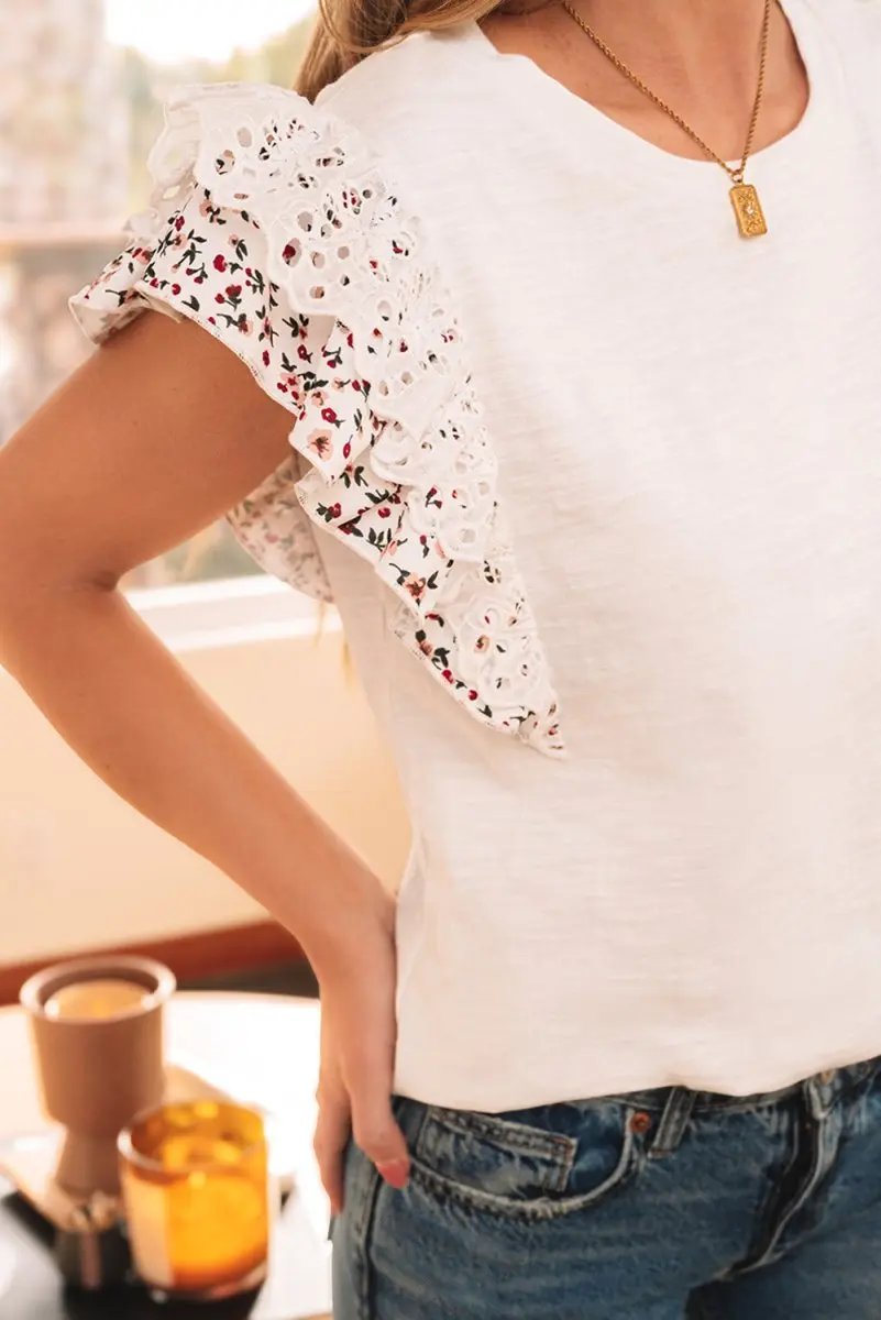 Accessories Love Salve White Floral Lace Blouse Women's Summer Elegant Ruffle Sleeve Top