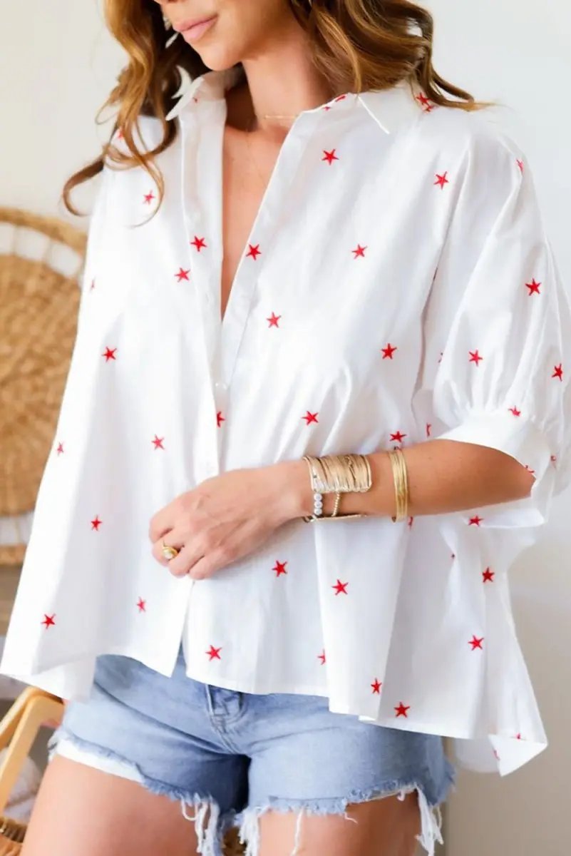Accessories Love Salve White Star Print Shirt Women's Summer Casual Top Loose Fit
