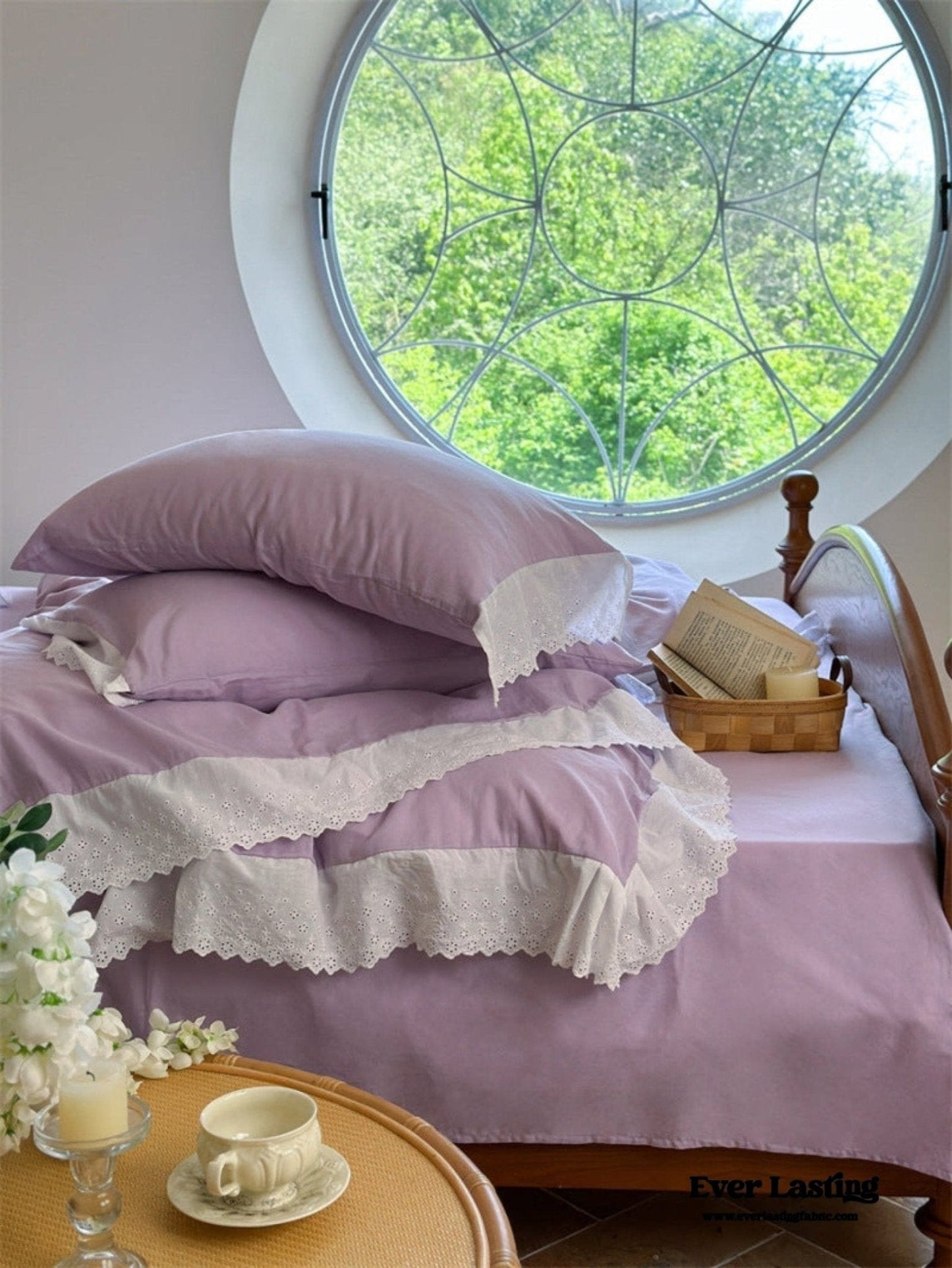 White Ruffle Lace Bedding Set / Purple