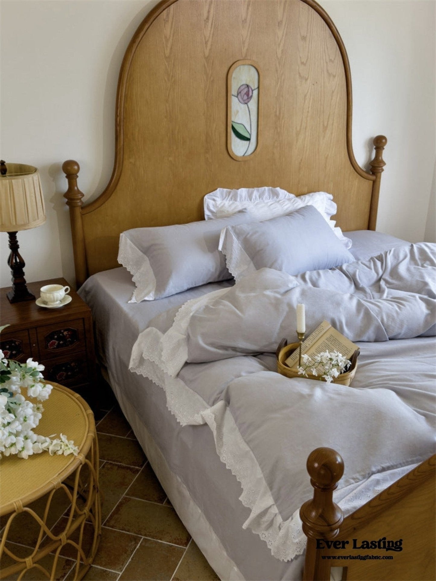 White Ruffle Lace Bedding Set / Purple