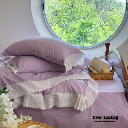White Ruffle Lace Bedding Set / Purple