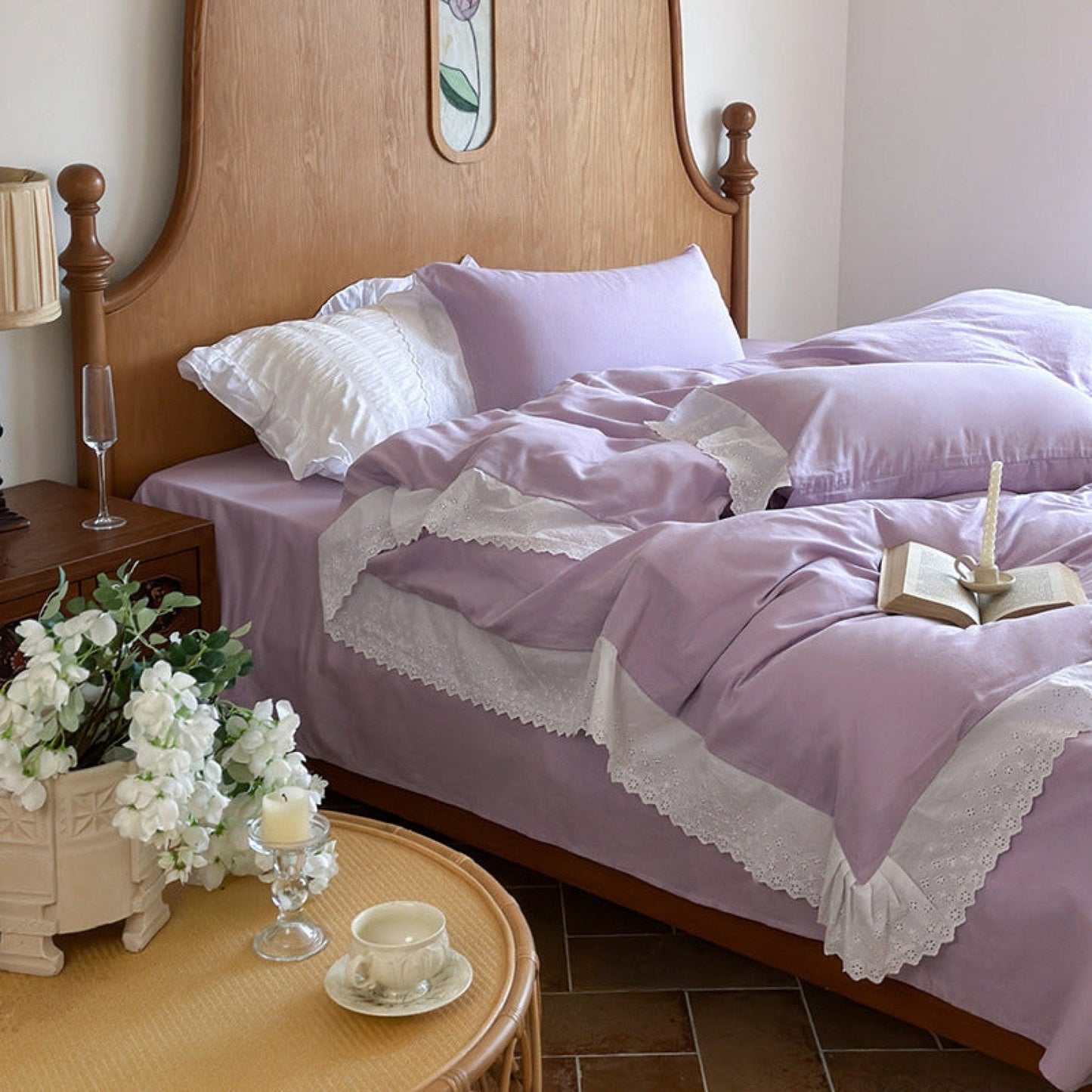 White Ruffle Lace Bedding Set / Yellow