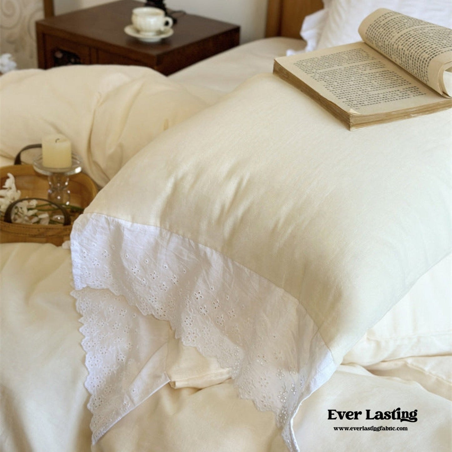 White Ruffle Lace Bedding Set / Yellow