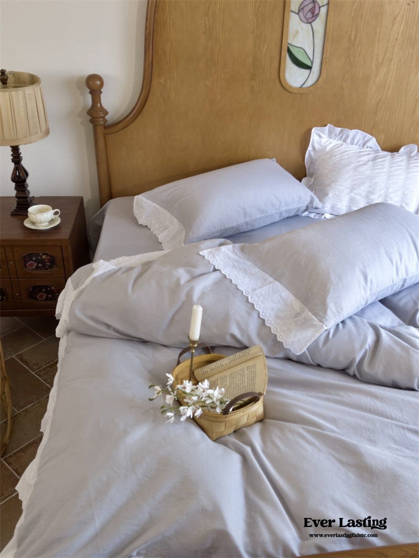 White Ruffle Lace Bedding Set / Yellow