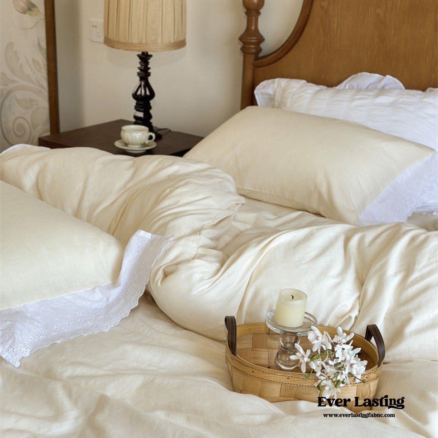 White Ruffle Lace Bedding Set / Yellow
