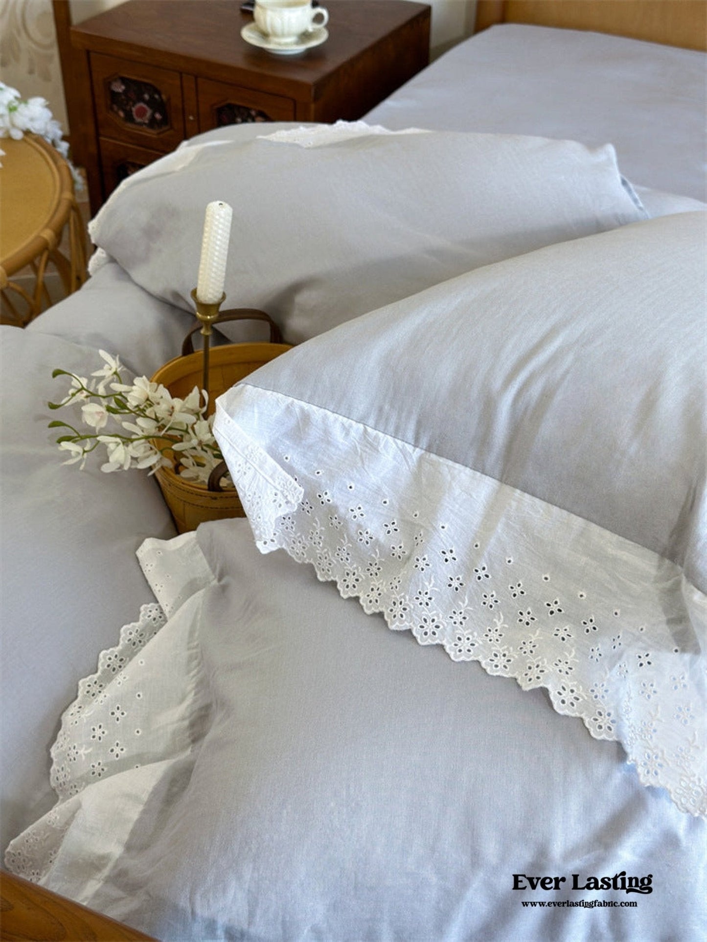White Ruffle Lace Bedding Set / Yellow