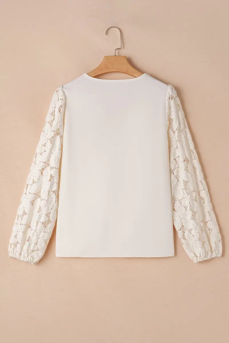 Accessories Love Salve White Lace Blouse Women's Daily Elegant Top: Scalloped V-Neck, Lantern Sleeves