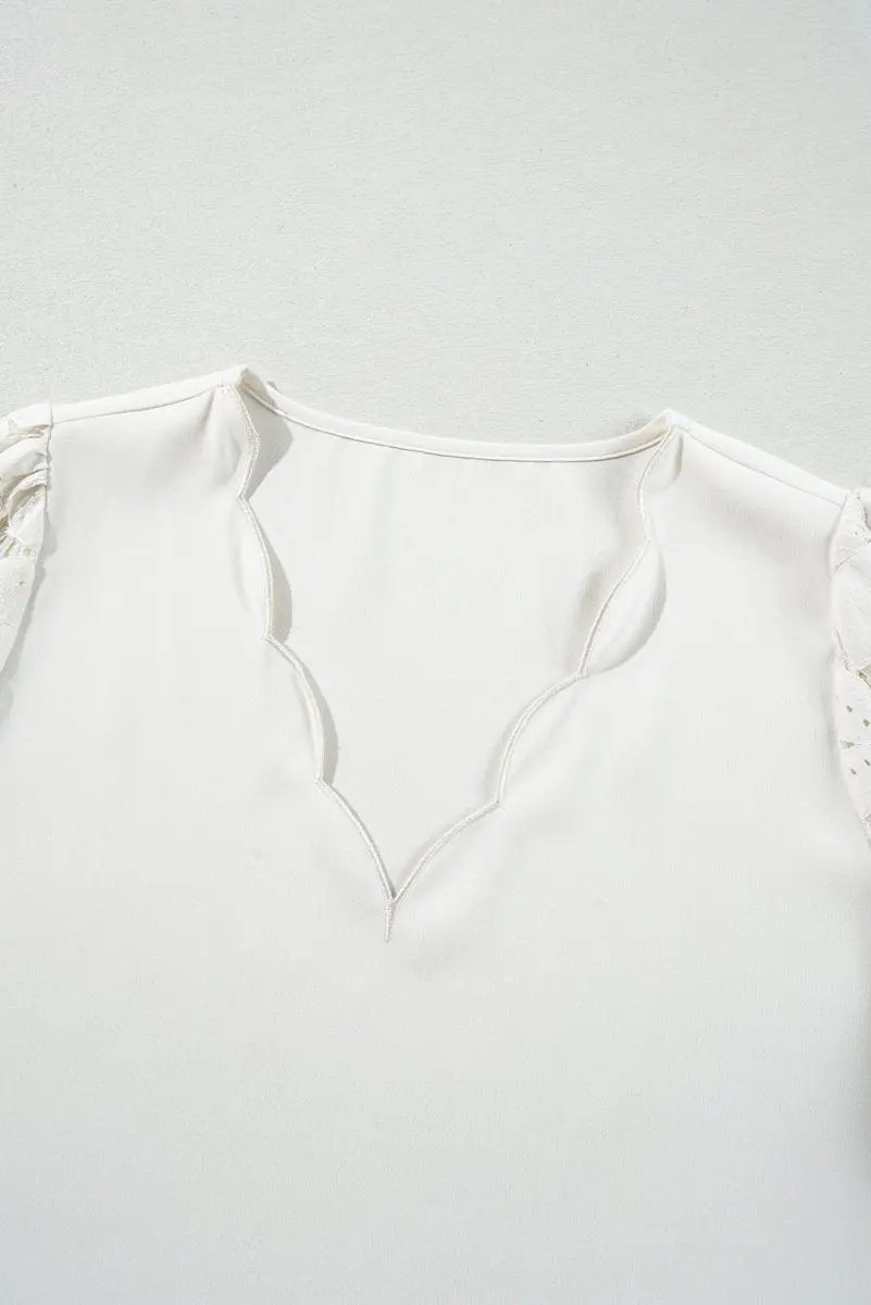 Accessories Love Salve White Lace Blouse Women's Daily Elegant Top: Scalloped V-Neck, Lantern Sleeves