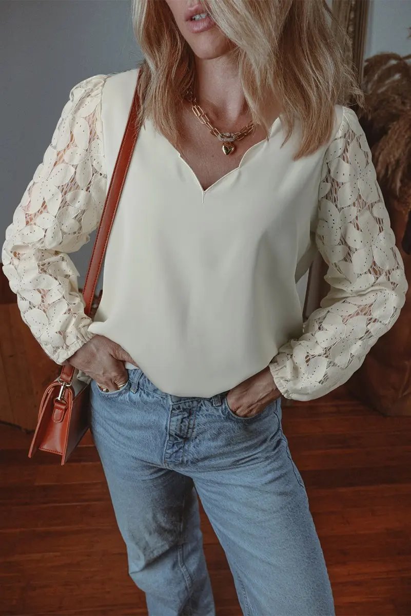 Accessories Love Salve White Lace Blouse Women's Daily Elegant Top: Scalloped V-Neck, Lantern Sleeves