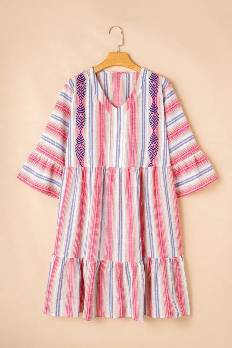 Dresses Love Salve White Stripe Dress Women's Vacation Flared V-Neck Bohemian Spring Dress