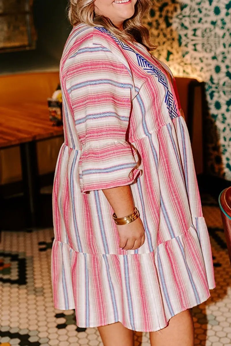 Dresses Love Salve White Stripe Dress Women's Vacation Flared V-Neck Bohemian Spring Dress
