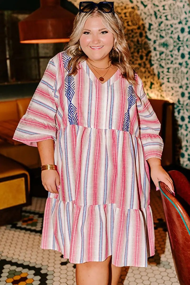 Dresses Love Salve White Stripe Dress Women's Vacation Flared V-Neck Bohemian Spring Dress