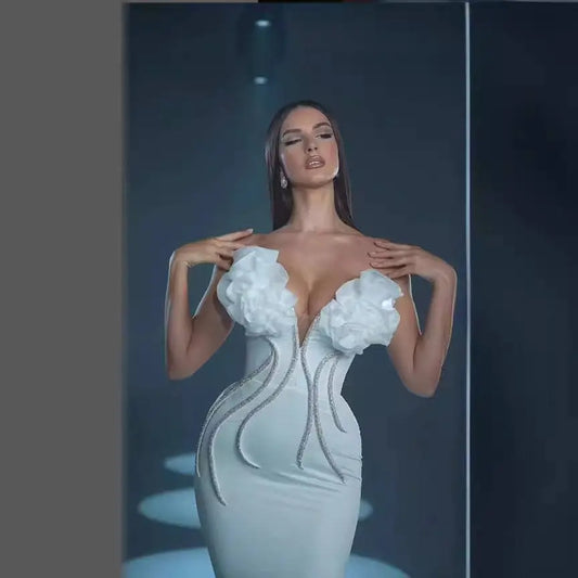 White Temperament Socialite Flower Chain Evening Dress