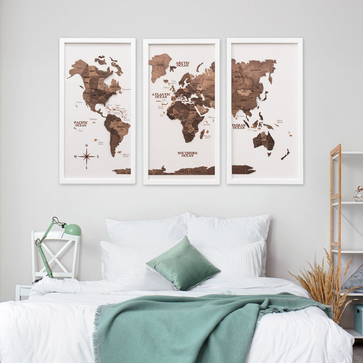 Triptych Wooden World Map (Dark Walnut)