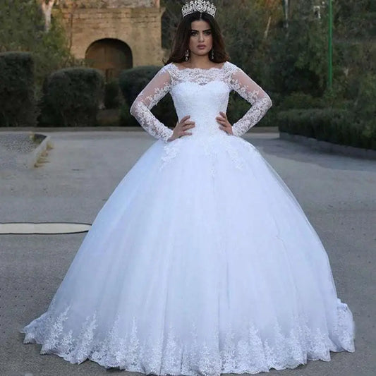 White Vintage Lace Applique Wedding Dress