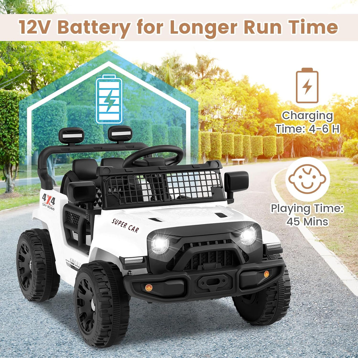 12V Electric Ride On Jeep Toy Car for Kids with Remote Control, USB, Bluetooth, and LED Lights