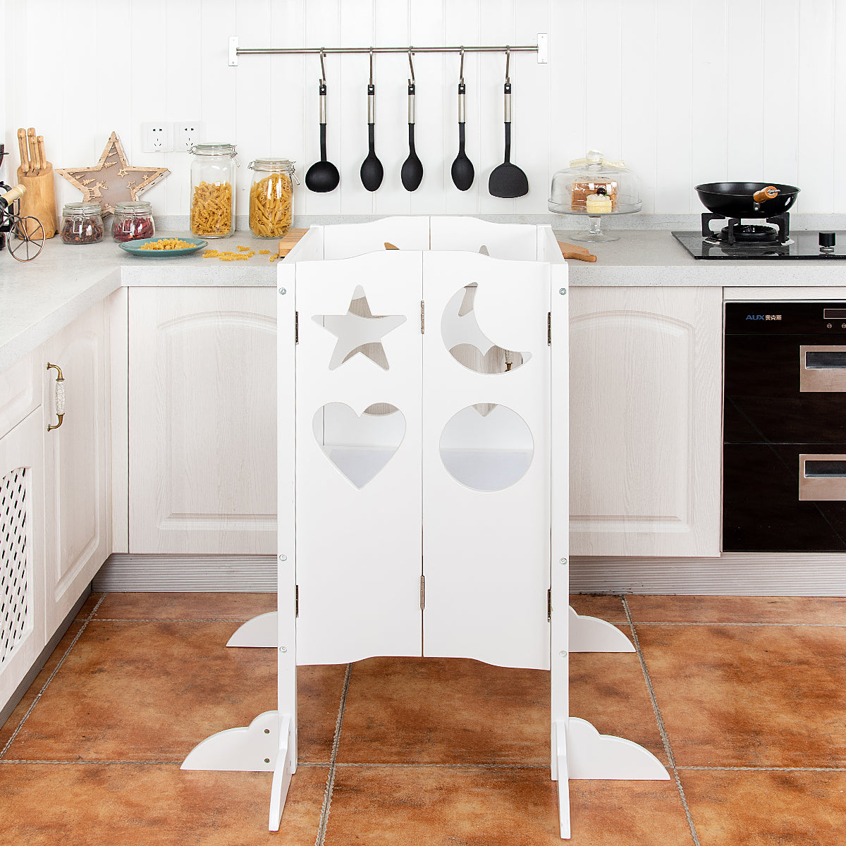Folding Kids Kitchen Helper Kitchen Counter Step Stool-White