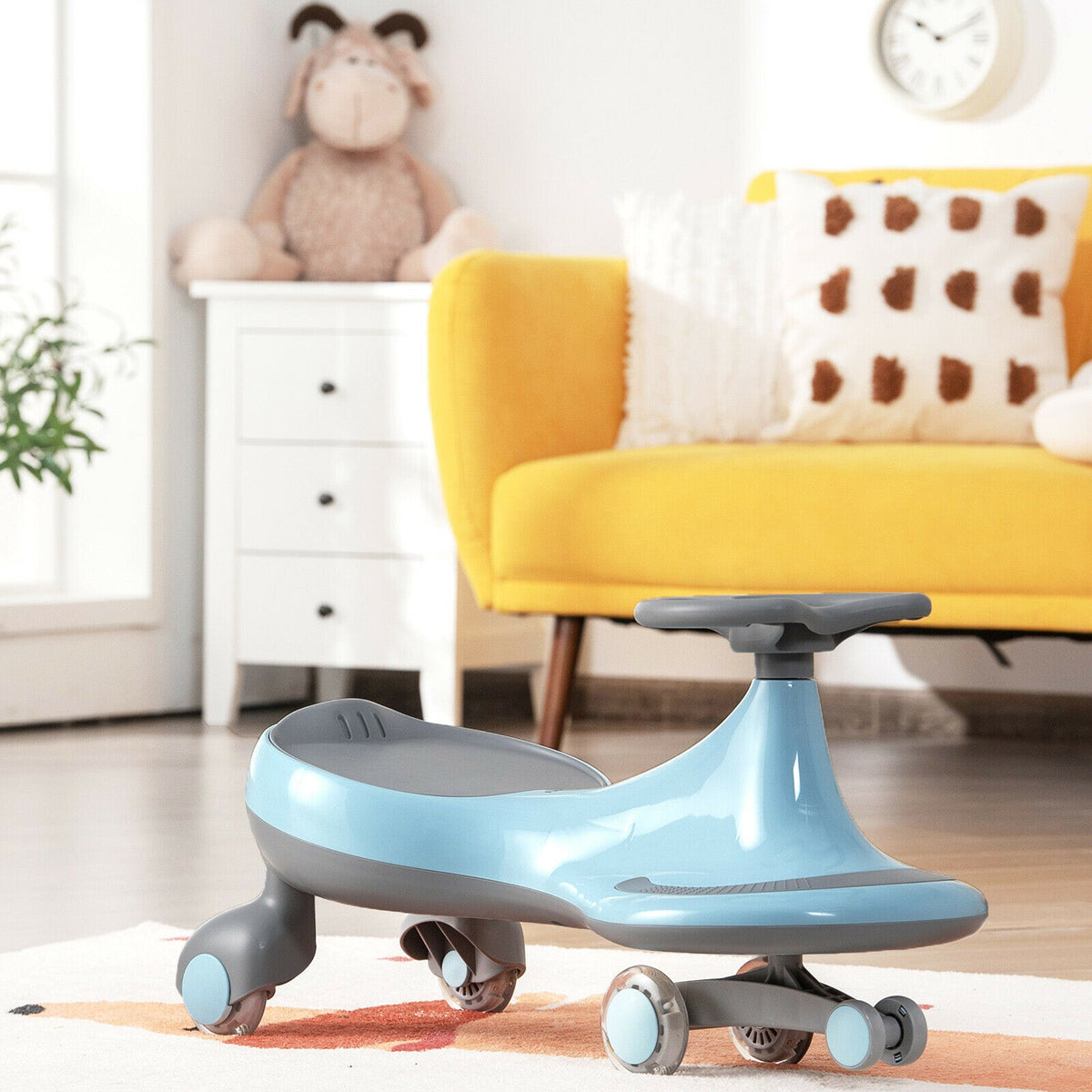 Blue Wiggle Car Ride-On Toy with Flashing Wheels for Toddlers and Kids