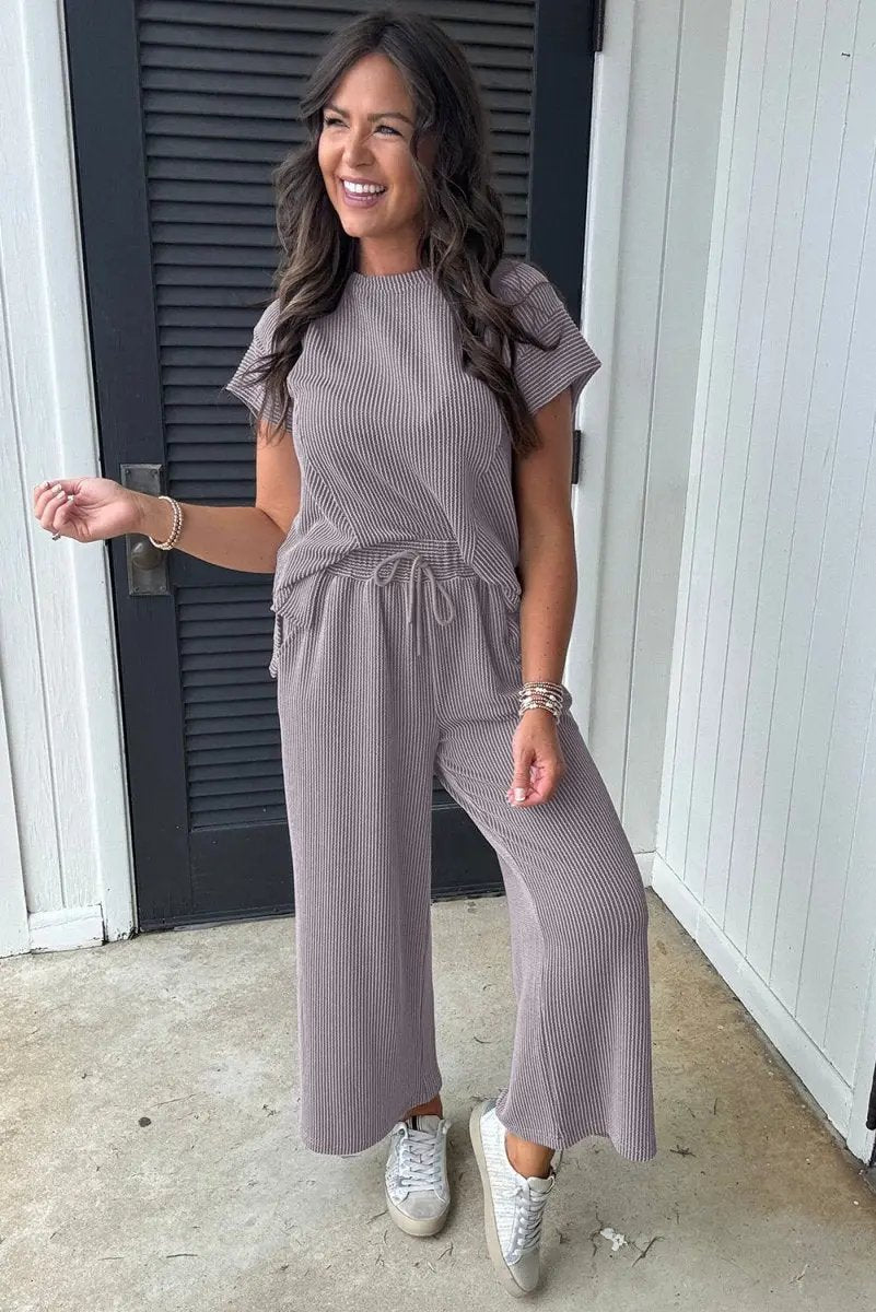 Pants Love Salve Solid Knit Set Women's Daily Wear Short Sleeve T-Shirt: Comfy & Casual