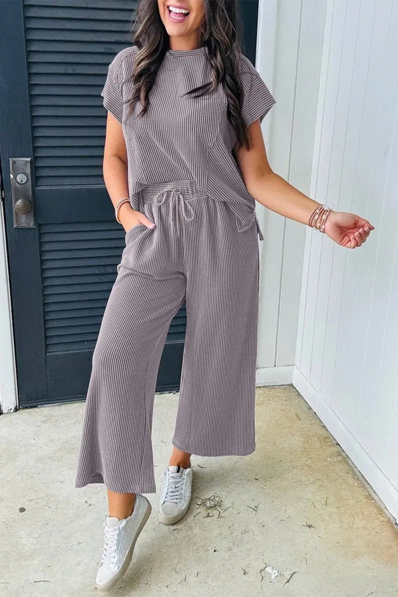 Pants Love Salve Solid Knit Set Women's Daily Wear Short Sleeve T-Shirt: Comfy & Casual