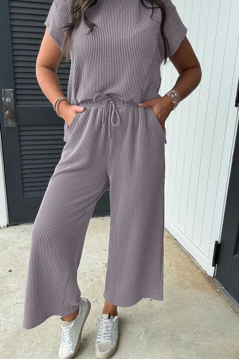 Pants Love Salve Solid Knit Set Women's Daily Wear Short Sleeve T-Shirt: Comfy & Casual