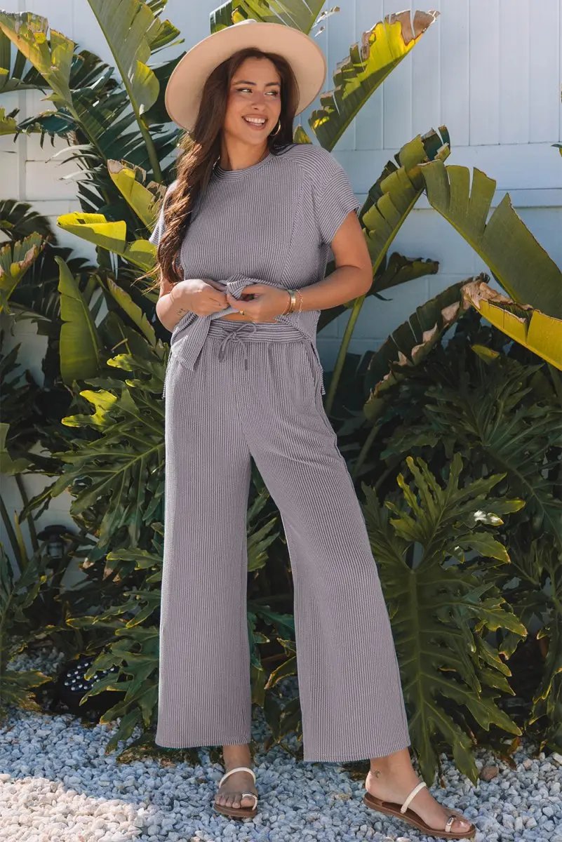 Pants Love Salve Solid Knit Set Women's Daily Wear Short Sleeve T-Shirt: Comfy & Casual