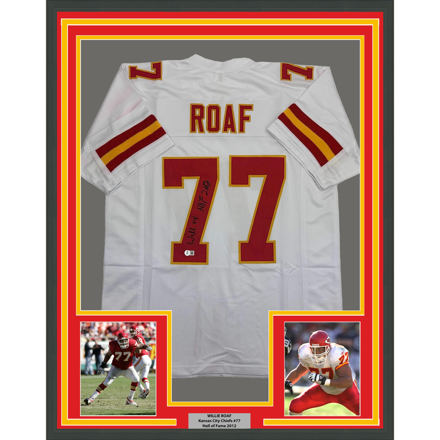 Framed Autographed/Signed Willie Roaf 35x39 HOF 2012 Kansas City White Football Jersey Beckett BAS COA