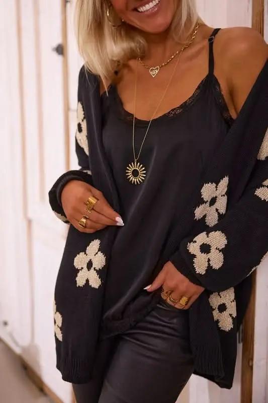 Women's Floral Knitted Cardigan | YNIQUE Black