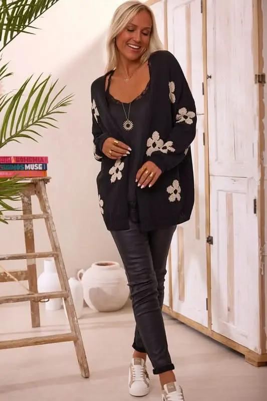 Women's Floral Knitted Cardigan | YNIQUE Black