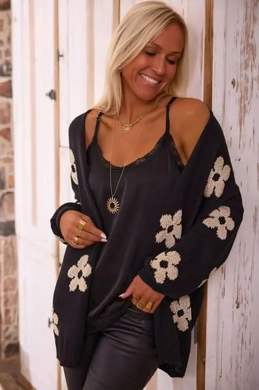 Women's Floral Knitted Cardigan | YNIQUE Black