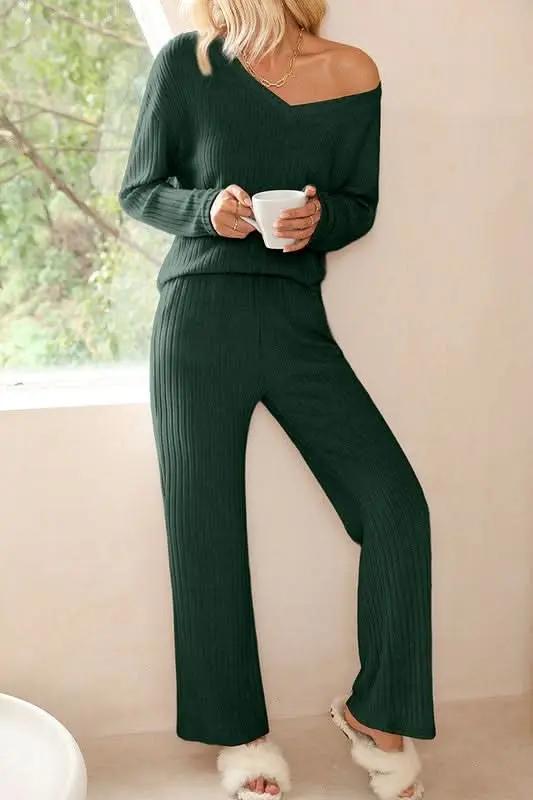 Sweaters YNIQUE Ribbed Knit Outfit Women's Loungewear Set V-Neck Slouchy Two-Piece Comfortable