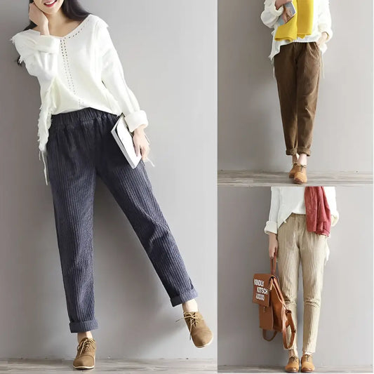Women’s Plus Size Dark Blue Corduroy Casual Trousers
