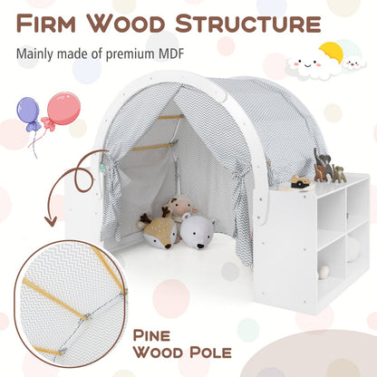 Wooden Kids Play Tent with Curtain Shades and 8 Cubbies-White