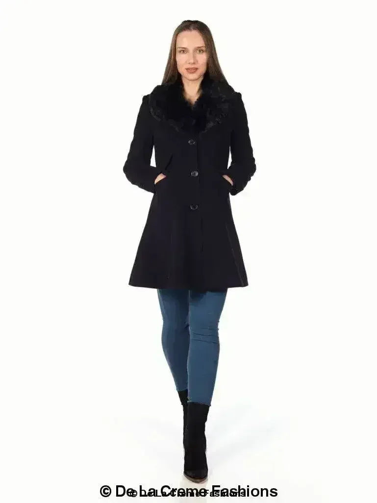 Wool Blend Faux Fur Collar Midi Coat