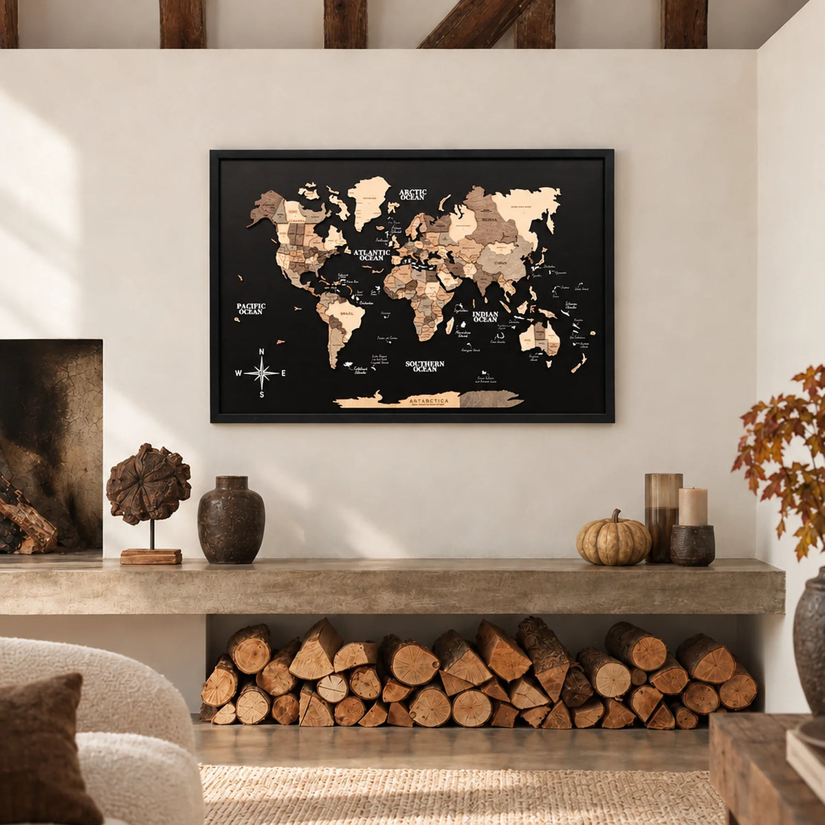 3D Wooden Panel World Map - Smokey
