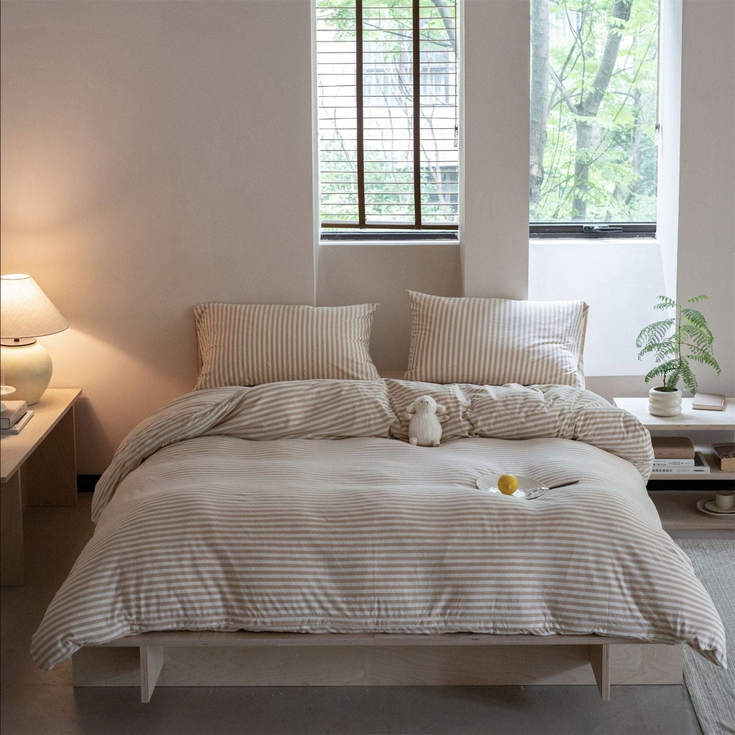 Wren Fresh Striped Jersey Knit Bedding Set / Beige
