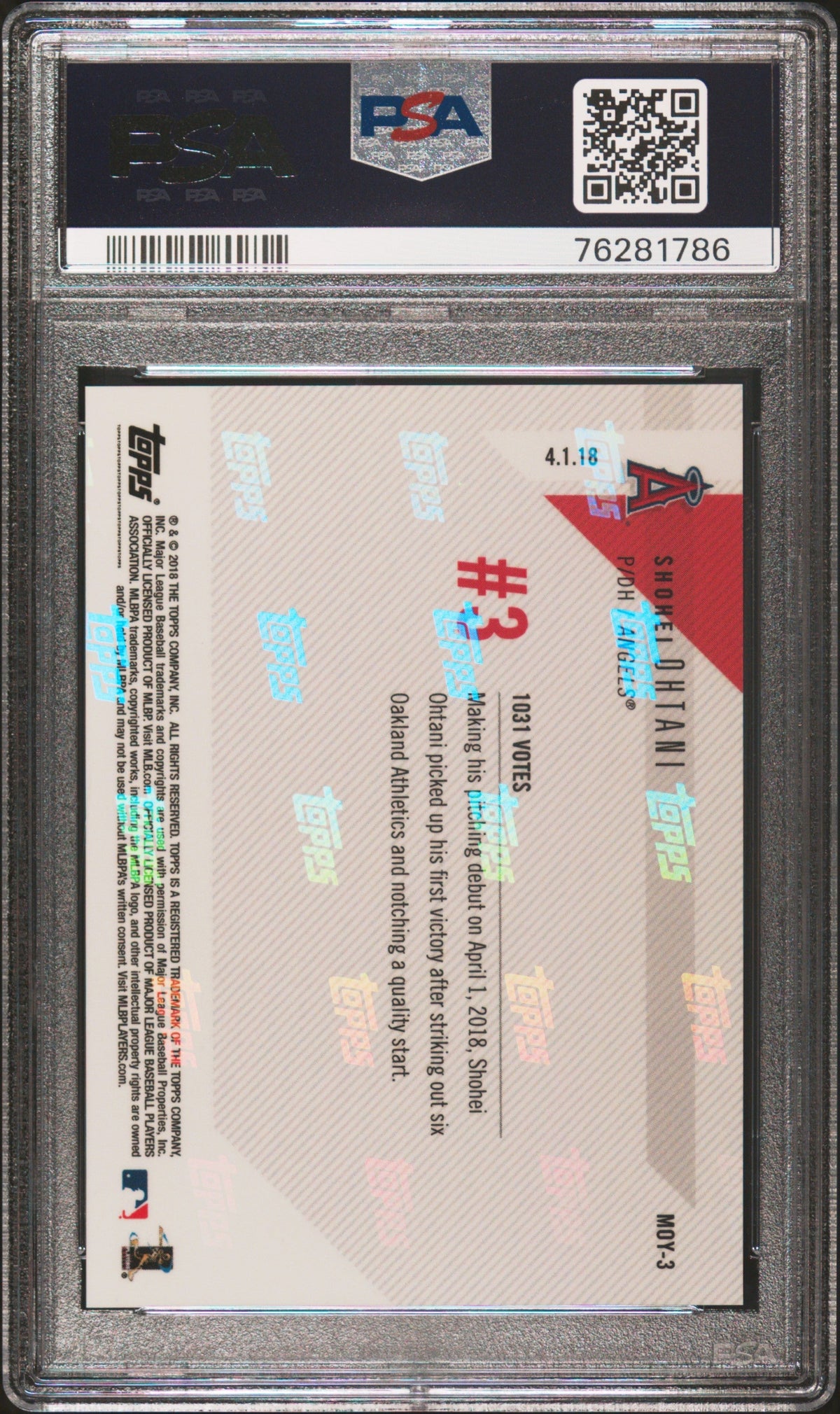 Graded 2018 Topps Now Shohei Ohtani #MOY-3 Moment of the Year Rookie RC Baseball Card PSA 10 Gem Mint