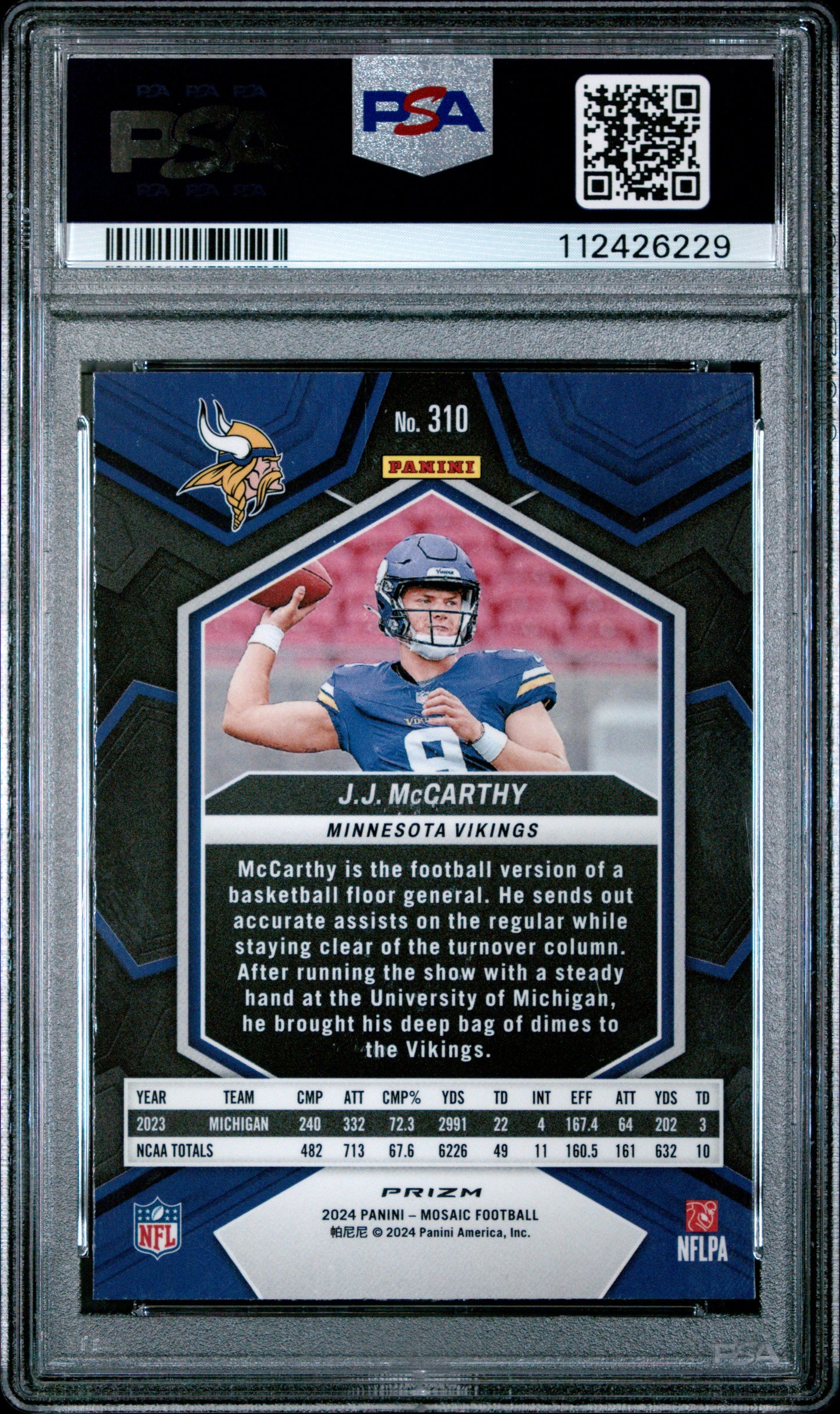 Graded 2024 Panini Mosaic JJ McCarthy #310 Reactive Blue Rookie RC Football Card PSA 9 Mint