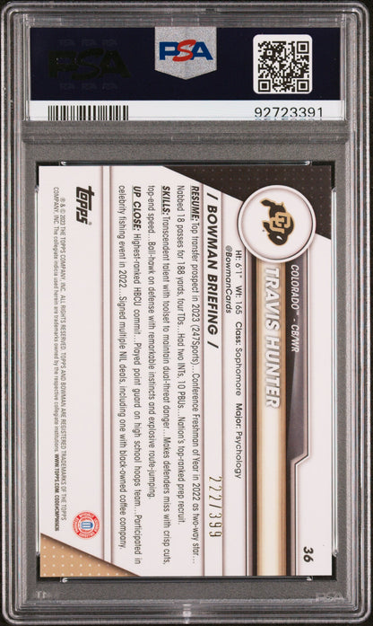 Graded 2023 Topps Bowman U Chrome Travis Hunter #36 Purple #/399 Rookie RC Football Card PSA 10 Gem Mint