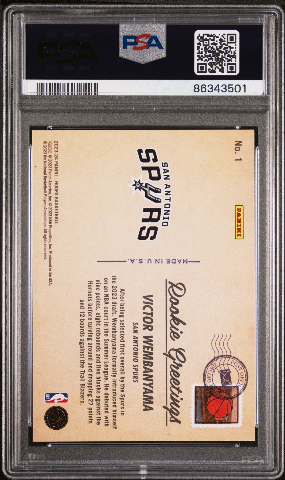 Graded 2023 Panini NBA Hoops Victor Wembanyama #1 Rookie Greetings Winter Rookie RC Basketball Card PSA 10 Gem Mint