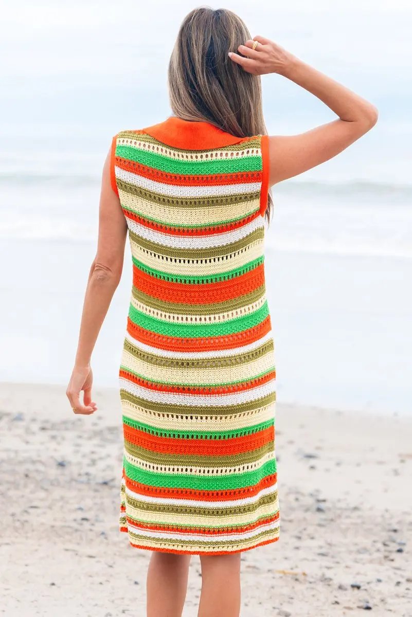 Sweaters Love Salve Yellow Stripe Knit Dress Women's Daily Summer Casual: Buttoned & Split Neck
