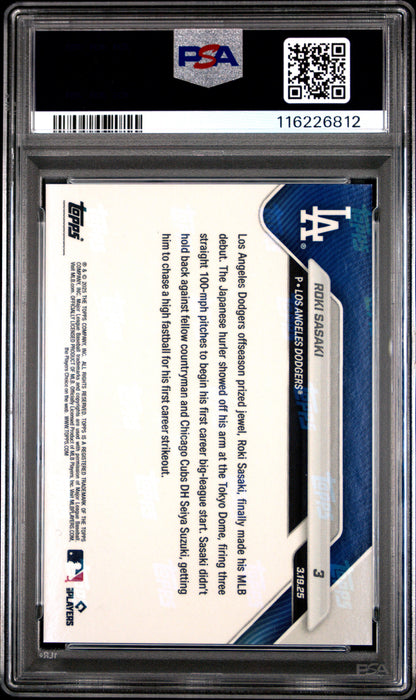 Graded 2025 Topps Now Roki Sasaki #3 Rookie RC Baseball Card PSA 10 Gem Mint