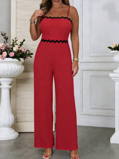High-Waist Wave Hem Spaghetti Strap Jumpsuit