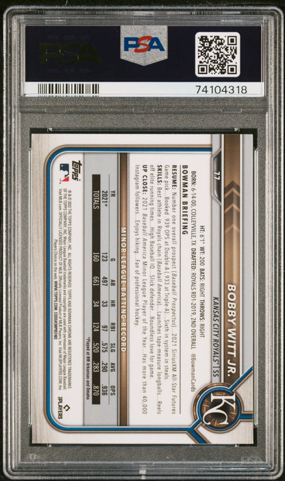 Graded 2022 Topps Bowman Chrome Sapphire Edition Bobby Witt Jr. #77 Rookie RC Baseball Card PSA 10 Gem Mint