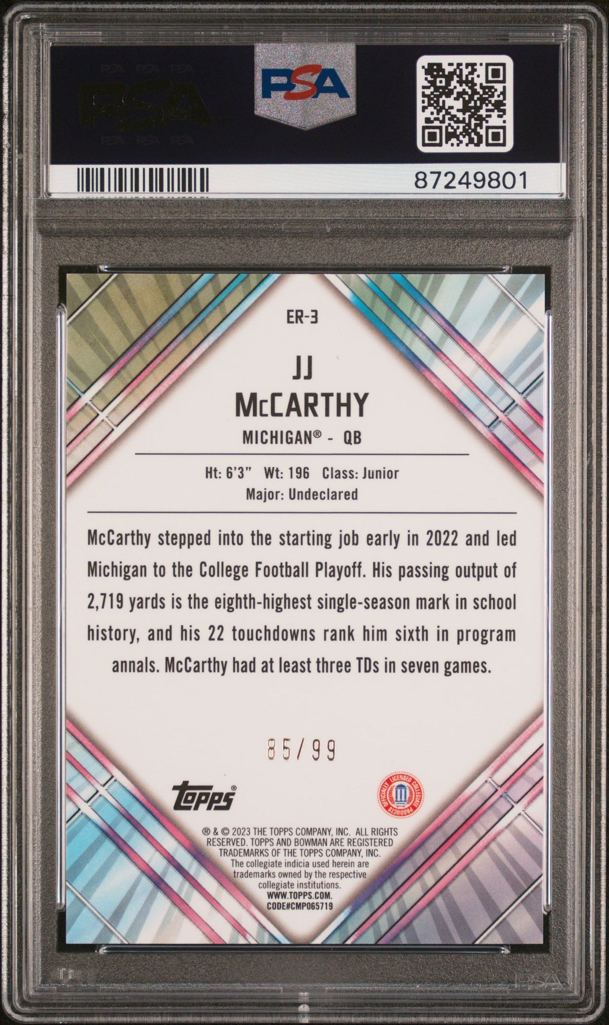 Graded 2023 Topps Bowman U Chrome JJ McCarthy #ER3 UD Early Risers Green /99 Rookie RC Football Card PSA 10 Gem Mint