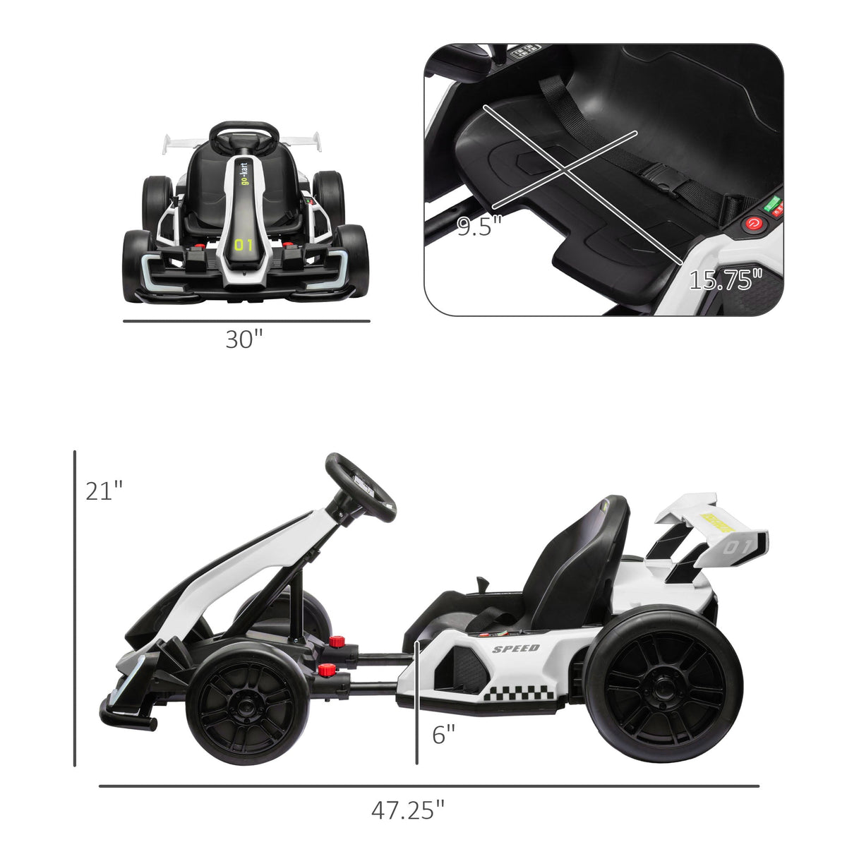 Adjustable Seat Electric Go Kart with Slow Start - 24V, 7.5 MPH