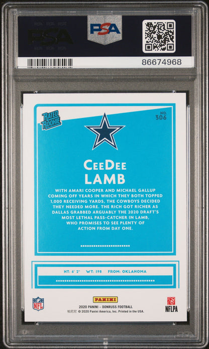 Graded 2020 Panini Donruss CeeDee Lamb #306 Rookie RC Football Card PSA 8 Near Mint